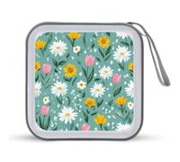 Jubonexis White Daisies Yellow Sunflowers Pink Tulips CD Case DVD Storage Case Portable for Car Home Travel