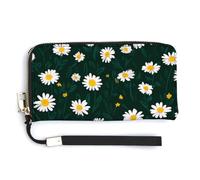 Jubonexis White Daisy on Black Abstract Flower PU Leather Clutch Long Bifold Wallet, Coin Purse Credit Pass Case, Durable Card-Holder Money Storage for Women Men