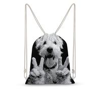 Jubonexis White Dog Holding Two Peace Signs Drawstring Backpack Canvas String Bag Lightweight Sports Gym Bag for Men Women