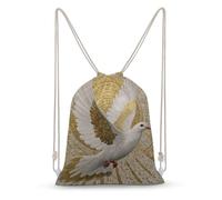 Jubonexis White Dove with Golden Feathers Mosaic Drawstring Backpack Canvas String Bag Lightweight Sports Gym Bag for Men Women