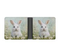 Jubonexis White Easter Bunny Sitting in The Grass Daisies Soft PU Leather Bifold Wallet, Coin Purse Credit Pass Case, Durable Card-Holder Slim Billfold for Men Woman Money Storage