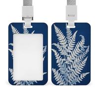 Jubonexis White Fern Leaves Deep Blue ID Badge Holder Retractable Clip Card Holder Card Protector Name Badge Name Tag for Work Office Doctor Nurse