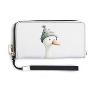 Jubonexis White Goose Wearing Winter Woolen Cap Minimal PU Leather Clutch Long Bifold Wallet, Coin Purse Credit Pass Case, Durable Card-Holder Money Storage for Women Men