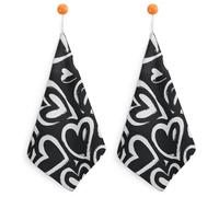 Jubonexis White Heart Shape on Black Small Hand Towel with Hanging Loop 2 PCS Absorbent Soft Wash Cloth for Kitchen Bathroom