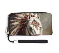 Jubonexis White Horse Indian Feather Headdress PU Leather Clutch Long Bifold Wallet, Coin Purse Credit Pass Case, Durable Card-Holder Money Storage for Women Men
