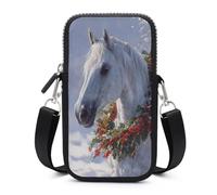 Jubonexis White Horse with Winter Holly Red Berries Wreath Crossbody Mobile Phone Bag Smartphone Bag With Adjustable Strap