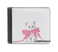 Jubonexis White Kitten with Giant Pink Bow Soft PU Leather Bifold Wallet, Coin Purse Credit Pass Case, Durable Card-Holder Slim Billfold for Men Woman Money Storage