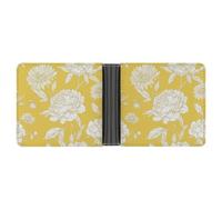 Jubonexis White Line Peonies and Daisies on Yellow Soft PU Leather Bifold Wallet, Coin Purse Credit Pass Case, Durable Card-Holder Slim Billfold for Men Woman Money Storage