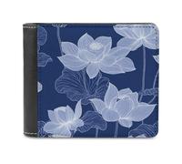 Jubonexis White Lotus Flowers on Indigo Soft PU Leather Bifold Wallet, Coin Purse Credit Pass Case, Durable Card-Holder Slim Billfold for Men Woman Money Storage