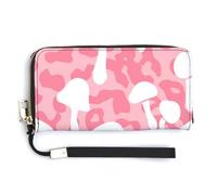 Jubonexis White Mushroom on Pink Leopard PU Leather Clutch Long Bifold Wallet, Coin Purse Credit Pass Case, Durable Card-Holder Money Storage for Women Men