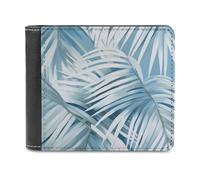 Jubonexis White Palm Leaves on Blue Soft PU Leather Bifold Wallet, Coin Purse Credit Pass Case, Durable Card-Holder Slim Billfold for Men Woman Money Storage