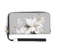 Jubonexis White Poinsettias Holly Leaves Golden Bells PU Leather Clutch Long Bifold Wallet, Coin Purse Credit Pass Case, Durable Card-Holder Money Storage for Women Men