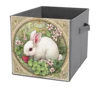 Jubonexis White Rabbit Nibbling A Strawberry Clover Cube Storage Bins Storage Cubes Foldable Decorative Fabric Storage Baskets Home Organizers with Handles for Shelves,Closet, 27x27 CM
