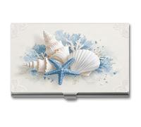 Jubonexis White Seashells and Blue Starfish Business Card Holder, Pocket Slim Metal Business Card Case for Women Men