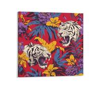 Jubonexis White Tigers Banana Leaves Tropical Plants Canvas Wall Art Poster Painting Aesthetic Picture for Living Room Farmhouse Decor Unframed 16x16inch(40x40cm)