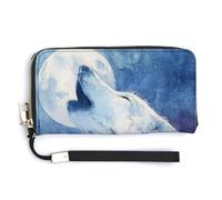 Jubonexis White Wolf Howling at The Moon PU Leather Clutch Long Bifold Wallet, Coin Purse Credit Pass Case, Durable Card-Holder Money Storage for Women Men