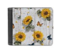 Jubonexis White Wooden with Sunflowers Butterflies Soft PU Leather Bifold Wallet, Coin Purse Credit Pass Case, Durable Card-Holder Slim Billfold for Men Woman Money Storage