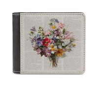 Jubonexis Wildflower Bouquet on Old Book Page Soft PU Leather Bifold Wallet, Coin Purse Credit Pass Case, Durable Card-Holder Slim Billfold for Men Woman Money Storage