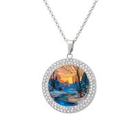 Jubonexis Winter Forest at Sunrise Round Pendant Necklace Silver Jewelry for Women