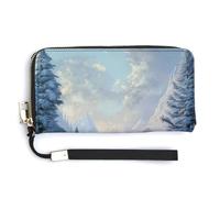 Jubonexis Winter Scene Pines Trees Snow Covered Hills PU Leather Clutch Long Bifold Wallet, Coin Purse Credit Pass Case, Durable Card-Holder Money Storage for Women Men