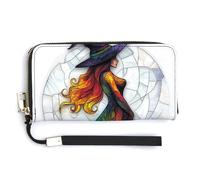 Jubonexis Witch Halloween Cartoon Stained Glass PU Leather Clutch Long Bifold Wallet, Coin Purse Credit Pass Case, Durable Card-Holder Money Storage for Women Men