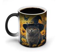Jubonexis Witch Hat Cat Yellow Flowers Butterfly Color Changing Mugs Heat Changing Ceramic Coffee Mug Novelty Funny Tea Water Cup 11OZ
