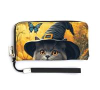 Jubonexis Witch Hat Cat Yellow Flowers Butterfly PU Leather Clutch Long Bifold Wallet, Coin Purse Credit Pass Case, Durable Card-Holder Money Storage for Women Men