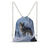 Jubonexis Wolf Standing in A Snow-covered Mountain Drawstring Backpack Canvas String Bag Lightweight Sports Gym Bag for Men Women