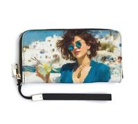 Jubonexis Woman Drinking at The Beach PU Leather Clutch Long Bifold Wallet, Coin Purse Credit Pass Case, Durable Card-Holder Money Storage for Women Men