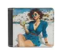 Jubonexis Woman Drinking at The Beach Soft PU Leather Bifold Wallet, Coin Purse Credit Pass Case, Durable Card-Holder Slim Billfold for Men Woman Money Storage