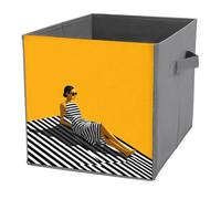 Jubonexis Woman Sunbathing on Striped Towel Minimalist Cube Storage Bins Storage Cubes Foldable Decorative Fabric Storage Baskets Home Organizers with Handles for Shelves,Closet, 27x27 CM
