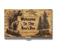 Jubonexis Wooden Sign Two Bears Pine Trees Business Card Holder, Pocket Slim Metal Business Card Case for Women Men