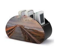 Jubonexis Wooden Walkway Beach Sunset Remotes Control Holder with 5 Compartments Leather TV Remote Caddy Storage Box Desktop Organizer