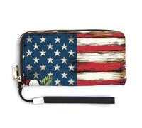 Jubonexis Wooden Welcome American Flag PU Leather Clutch Long Bifold Wallet, Coin Purse Credit Pass Case, Durable Card-Holder Money Storage for Women Men