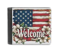 Jubonexis Wooden Welcome American Flag Soft PU Leather Bifold Wallet, Coin Purse Credit Pass Case, Durable Card-Holder Slim Billfold for Men Woman Money Storage