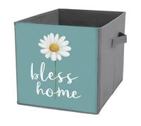 Jubonexis Word Bless Home And A Daisy on Blue Cube Storage Bins Storage Cubes Foldable Decorative Fabric Storage Baskets Home Organizers with Handles for Shelves,Closet, 27x27 CM