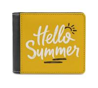 Jubonexis Word Hello Summer on Yellow Soft PU Leather Bifold Wallet, Coin Purse Credit Pass Case, Durable Card-Holder Slim Billfold for Men Woman Money Storage