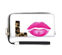 Jubonexis Word Love Leopard Pattern Pink Lips PU Leather Clutch Long Bifold Wallet, Coin Purse Credit Pass Case, Durable Card-Holder Money Storage for Women Men