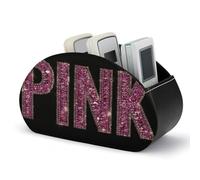 Jubonexis Word PINK Sparkling Glittering Gems Remotes Control Holder with 5 Compartments Leather TV Remote Caddy Storage Box Desktop Organizer