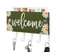 Jubonexis Word Welcome Small Daisy on Olive Green Key Holder for Wall Mail Organizer Wall Mount with 5 Hooks Acrylic Key Rack for Home Office Entryway