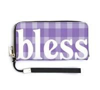 Jubonexis Words Bless Home on Purple White Checkered PU Leather Clutch Long Bifold Wallet, Coin Purse Credit Pass Case, Durable Card-Holder Money Storage for Women Men