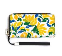 Jubonexis Yellow and Green Tulips Pattern PU Leather Clutch Long Bifold Wallet, Coin Purse Credit Pass Case, Durable Card-Holder Money Storage for Women Men