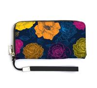Jubonexis Yellow and Pink Roses on Deep Blue PU Leather Clutch Long Bifold Wallet, Coin Purse Credit Pass Case, Durable Card-Holder Money Storage for Women Men