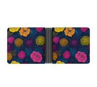 Jubonexis Yellow and Pink Roses on Deep Blue Soft PU Leather Bifold Wallet, Coin Purse Credit Pass Case, Durable Card-Holder Slim Billfold for Men Woman Money Storage