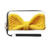 Jubonexis Yellow Bow Crochet Stitches PU Leather Clutch Long Bifold Wallet, Coin Purse Credit Pass Case, Durable Card-Holder Money Storage for Women Men
