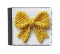 Jubonexis Yellow Bow Crochet Stitches Soft PU Leather Bifold Wallet, Coin Purse Credit Pass Case, Durable Card-Holder Slim Billfold for Men Woman Money Storage