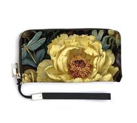 Jubonexis Yellow Peony Flower Two Dragonflies PU Leather Clutch Long Bifold Wallet, Coin Purse Credit Pass Case, Durable Card-Holder Money Storage for Women Men