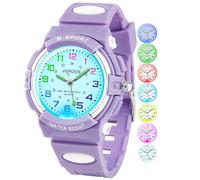 Juboos Kids Watches for Boys and Girls, 7 Color Dial Waterproof Analog Quartz Watch with Soft Band, Time Teaching Watch for Kids 5-16 (Purple)