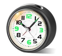 Juboos Small Alarm Clock for Bedroom, Battery Operated, Silent Analog Portable Travel Clock with Night Light, Loud Alarm,No Ticking, Office, Living Room