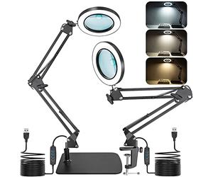 Jubor 2-in-1 Magnifying Glass with Light and Stand, 15X 10X LED Magnifying Lamp with Clamp and Base, Desk Magnifier Lamp with 3 Color Modes for Hobby Crafting, Repair, Reading